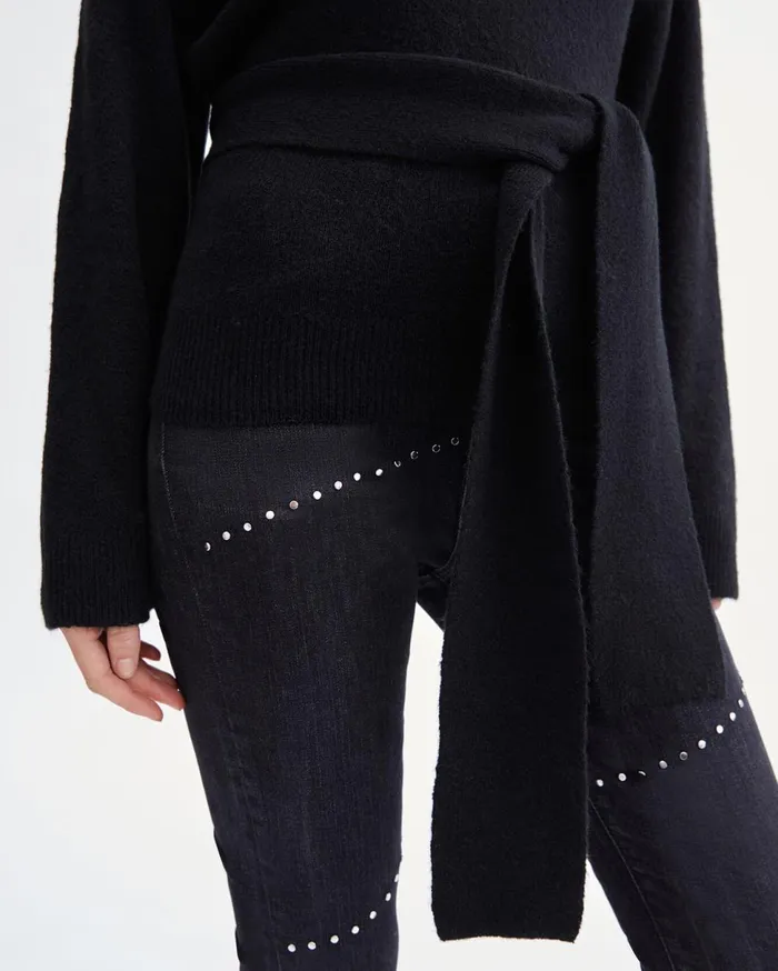 Women 7 For All Mankind Sweaters Touch Of Cashmere Tie Waist Sweater In Jet Black