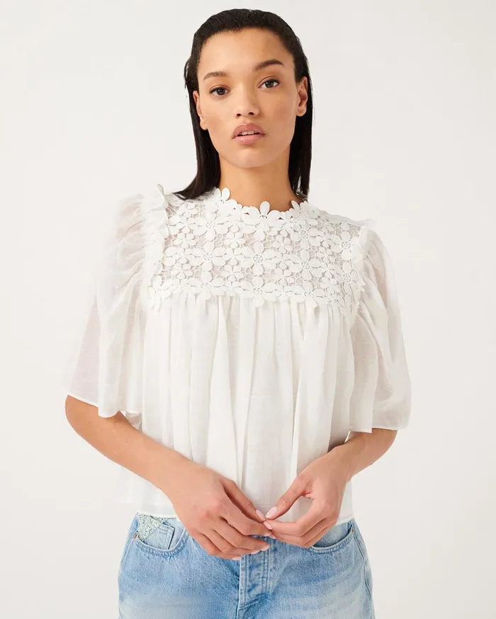 Women 7 For All Mankind Tops Floral Yoke Applique Blouse In Optic White