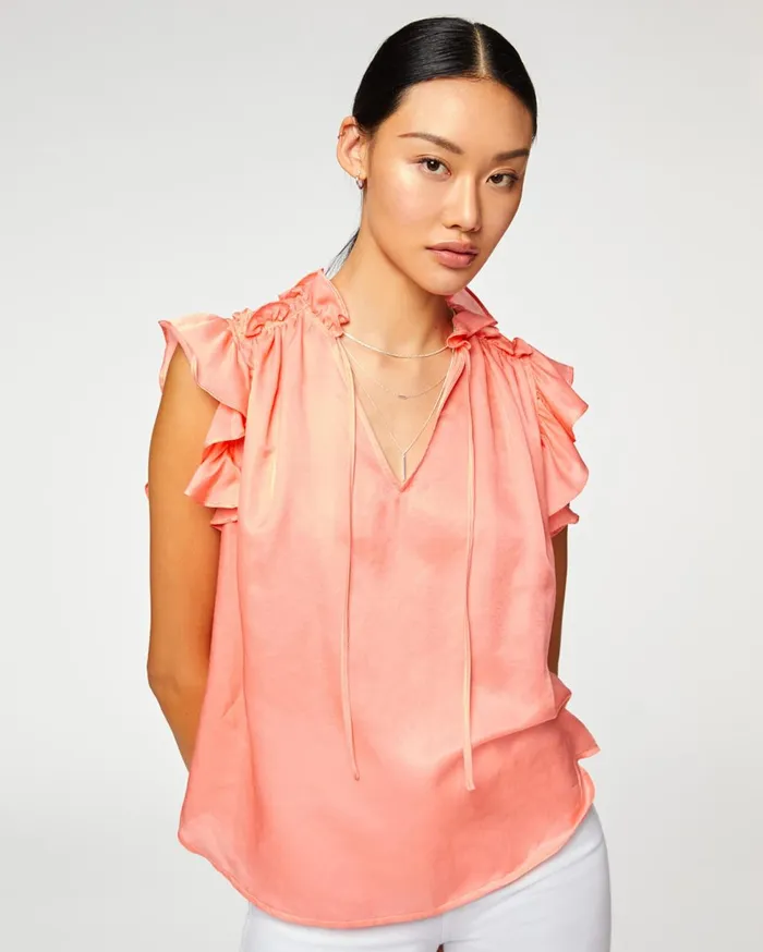 Women 7 For All Mankind Tops Shirred Ruffle Flutter Sleeve Top In Dusty Peach