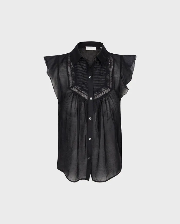 Women 7 For All Mankind Tops Sleeveless Lace Neck Ruffle Top In Black