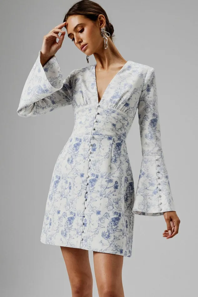Women ALine Dresses Lavish Alice LARA Fluted Sleeve Micro Button Mini Dress In Blue Porcelain Blue Porcelain