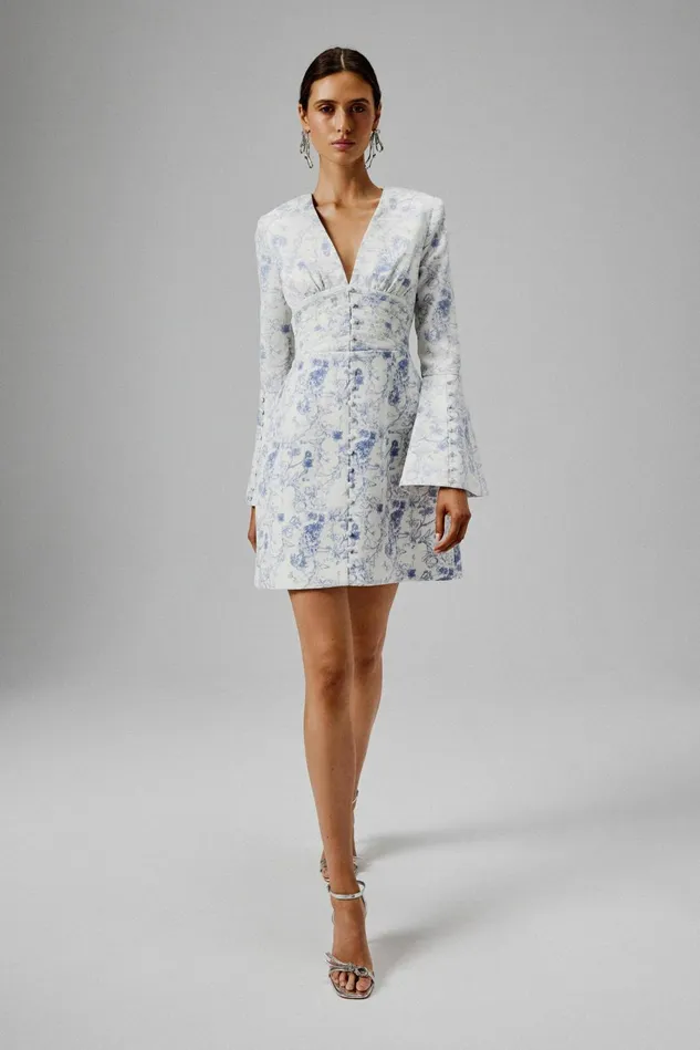 Women ALine Dresses Lavish Alice LARA Fluted Sleeve Micro Button Mini Dress In Blue Porcelain Blue Porcelain
