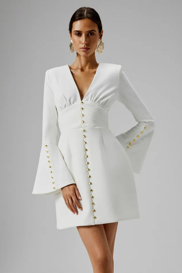 Women ALine Dresses Lavish Alice LARA Fluted Sleeve Micro Shell Button Mini Dress In White White Women ALine Dresses Lavish Alice LARA Fluted Sleeve Micro Shell Button Mini Dress In White White