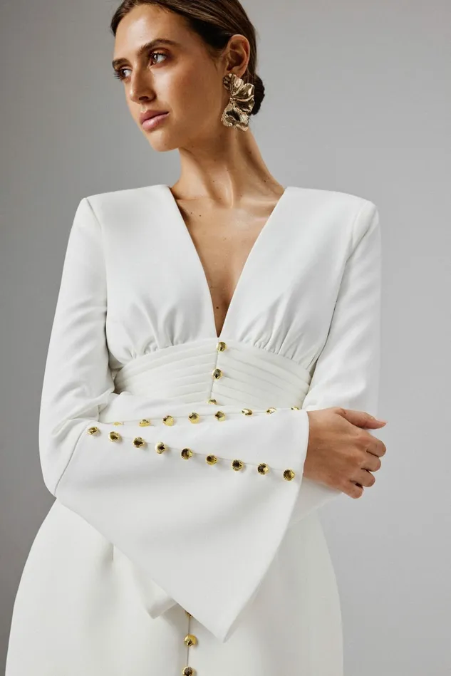 Women ALine Dresses Lavish Alice LARA Fluted Sleeve Micro Shell Button Mini Dress In White White