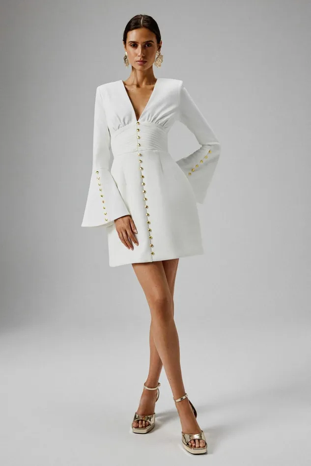 Women ALine Dresses Lavish Alice LARA Fluted Sleeve Micro Shell Button Mini Dress In White White