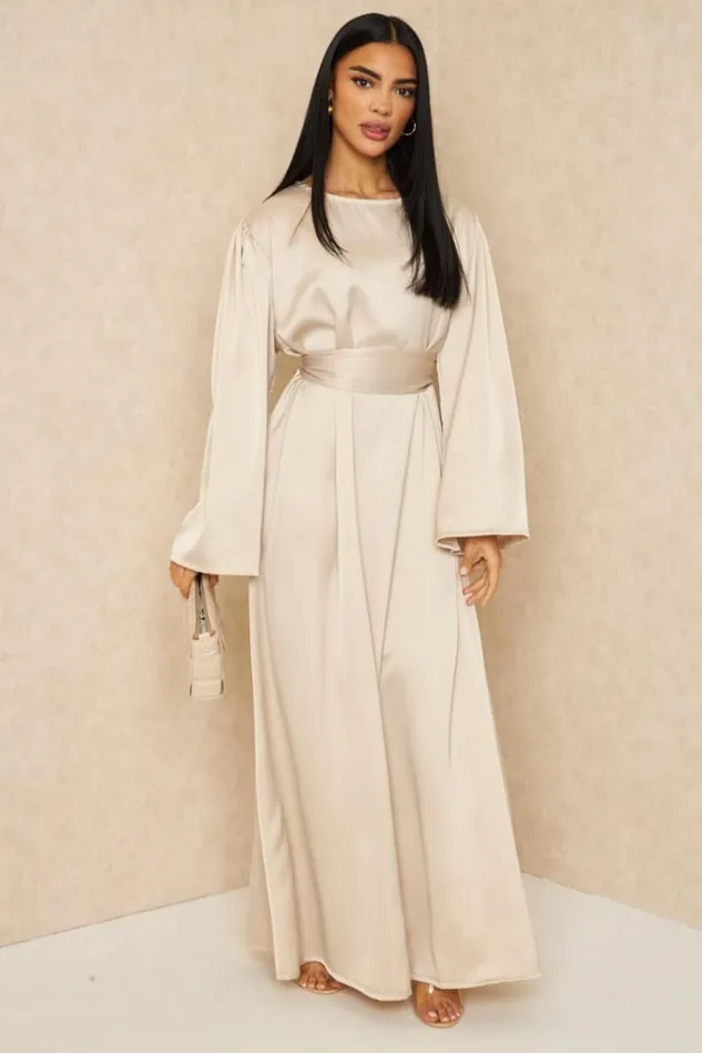 Women Abaya Ample Ceinture Et Satine Beige Beige Brentiny Paris Ceremonial Outfits Women Abaya Ample Ceinture Et Satine Beige Beige Brentiny Paris Ceremonial Outfits