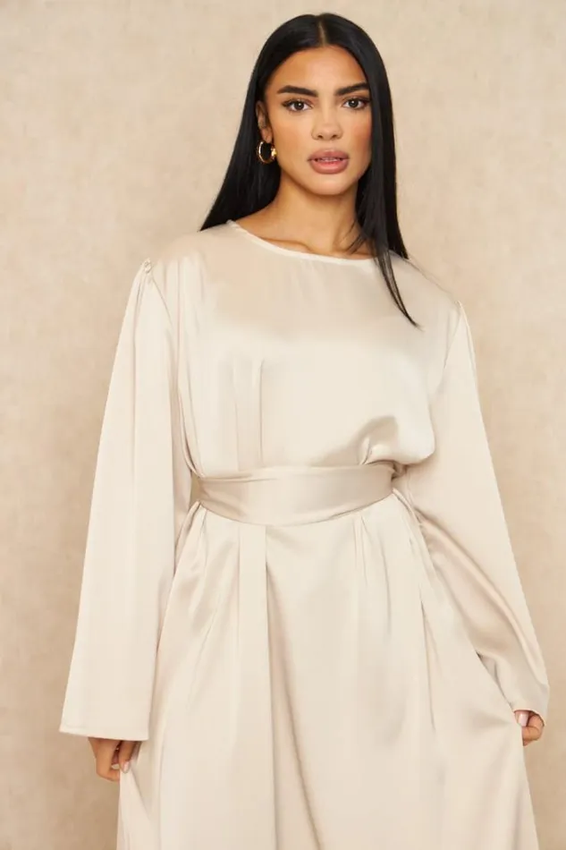 Women Abaya Ample Ceinture Et Satine Beige Beige Brentiny Paris Ceremonial Outfits Women Abaya Ample Ceinture Et Satine Beige Beige Brentiny Paris Ceremonial Outfits