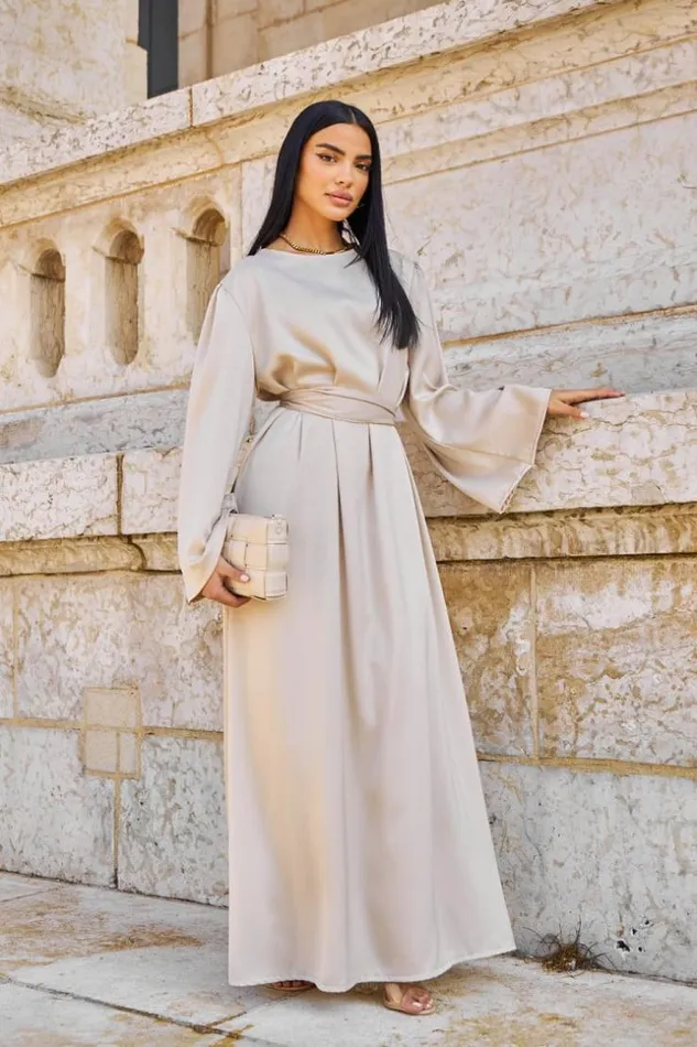 Women Abaya Ample Ceinture Et Satine Beige Beige Brentiny Paris Ceremonial Outfits Women Abaya Ample Ceinture Et Satine Beige Beige Brentiny Paris Ceremonial Outfits