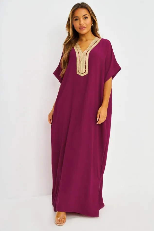 Women Abaya Rouge Bordeaux Broderies Dores Bordeaux Brentiny Paris Collection Ramadan