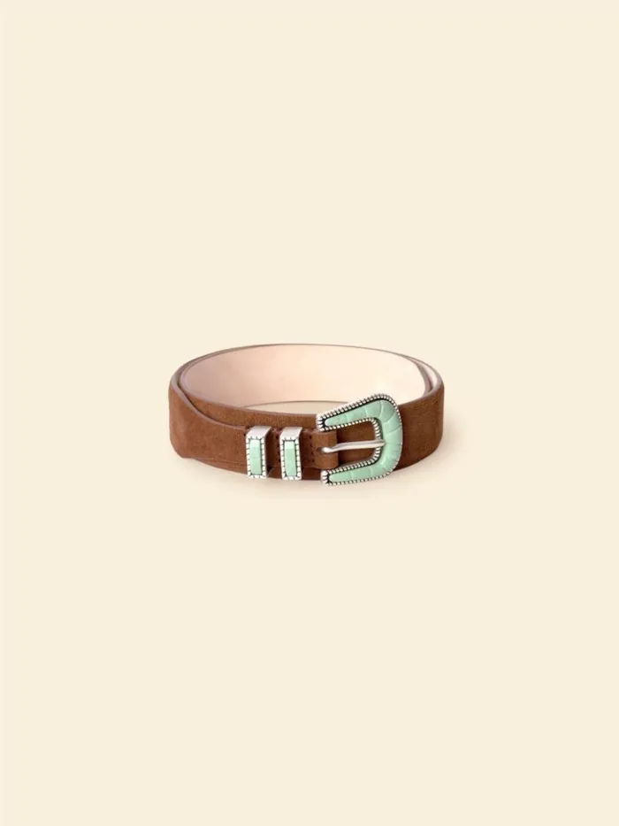 Women Accessories Xirena Silver Ostrich Brown Suede Soft Turquoise Belt