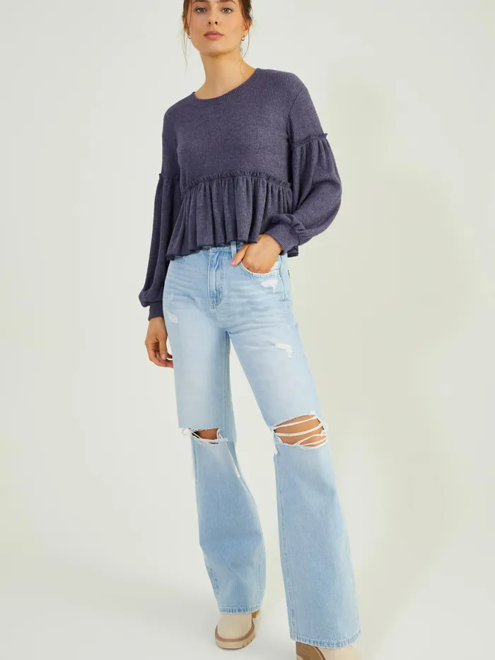 Women Altar039d State Blouses Mabel Ribbed Babydoll Top Navy
