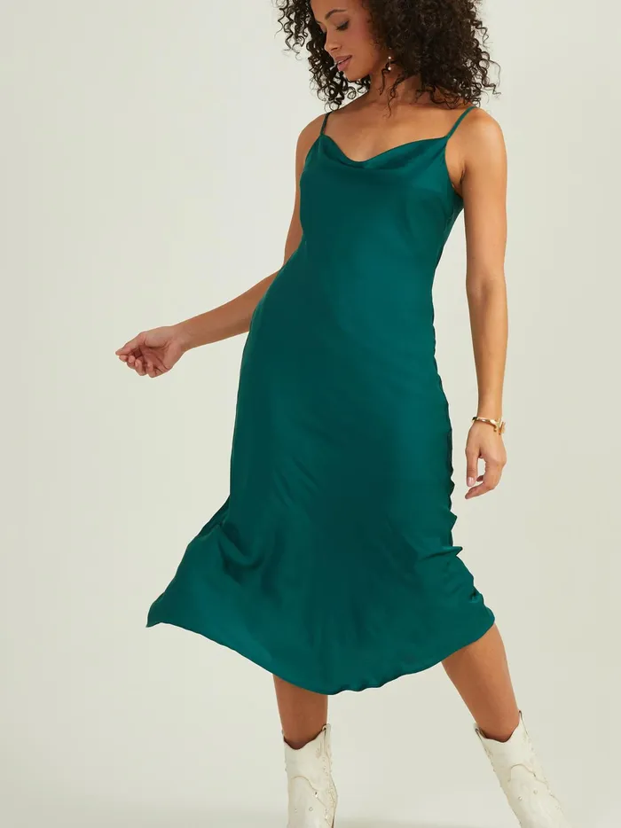 Women Altar039d State Casual Blythe Satin Slip Midi Dress Hunter