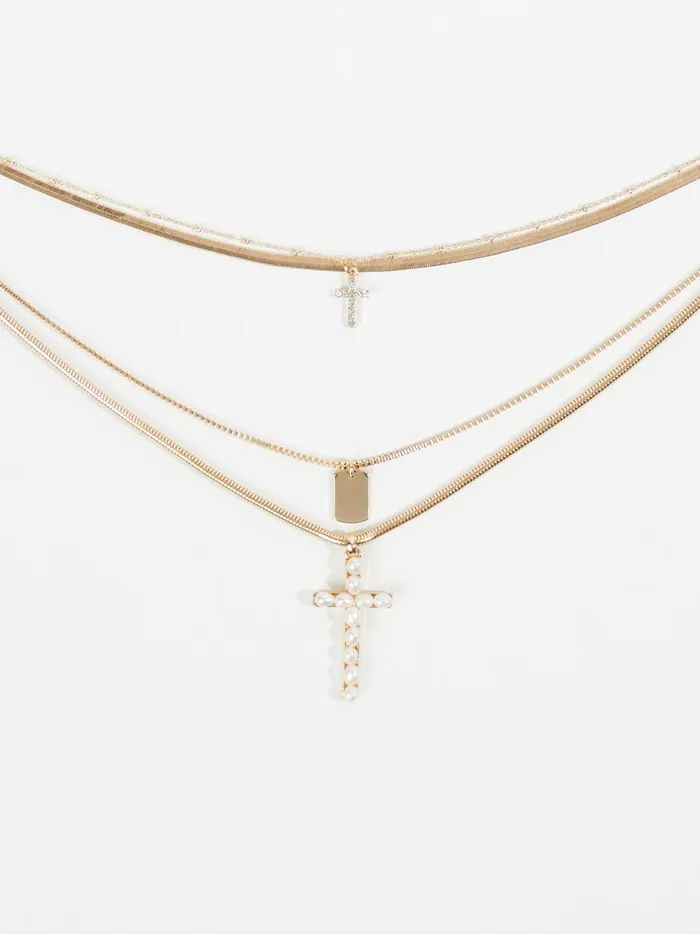 Women Altar039d State Jewelry Layered Pearl Cross Pendant Necklace Gold