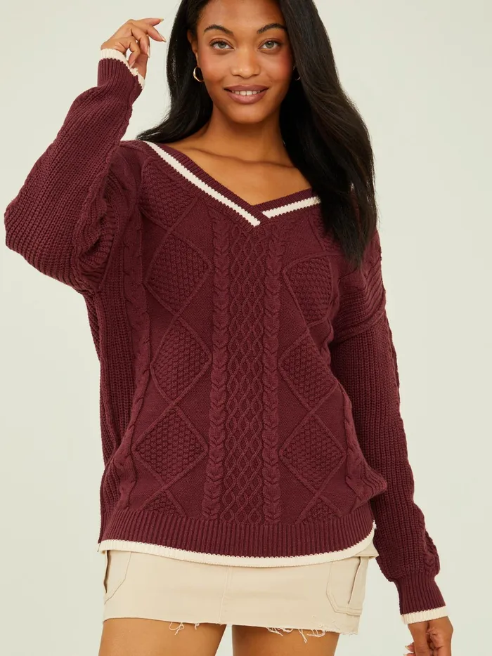 Women Altar039d State Sweaters Hallie Cable Knit Sweater Burgundyivory