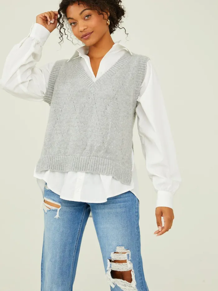 Women Altar039d State Sweaters Kienna Layered Buttondown Sweater Ivoryheathergrey