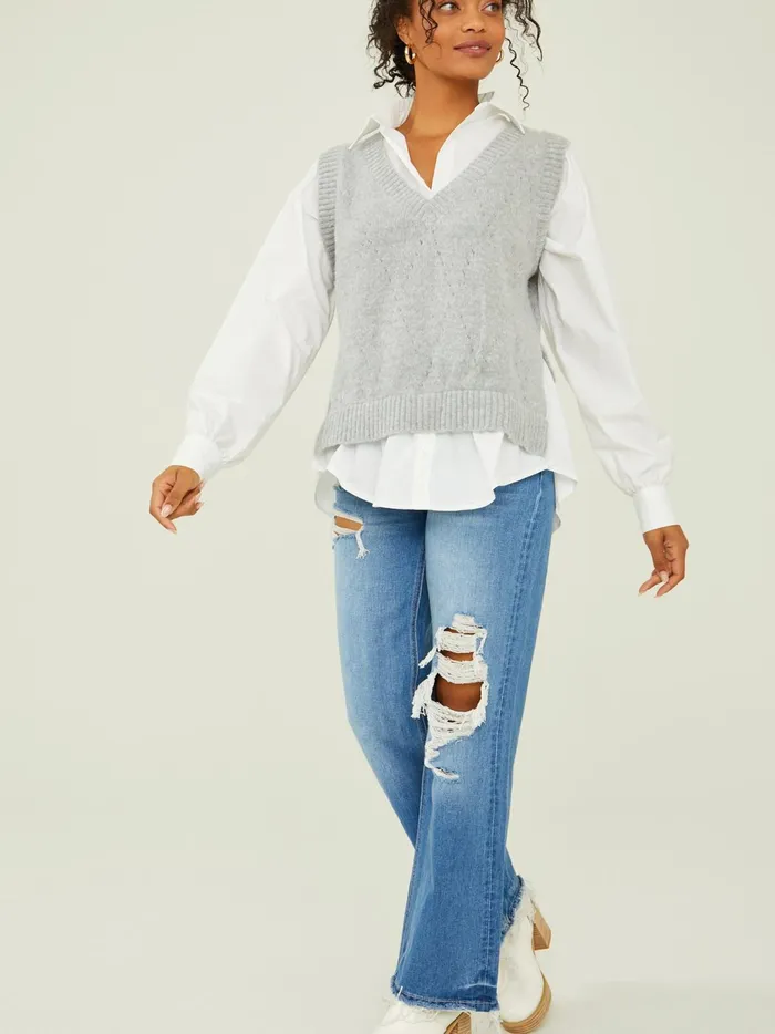 Women Altar039d State Sweaters Kienna Layered Buttondown Sweater Ivoryheathergrey