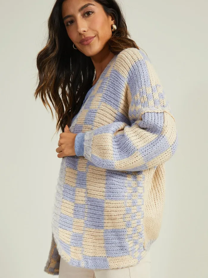 Women Altar039d State Sweaters Lauren Checkered Cardigan Blueivory