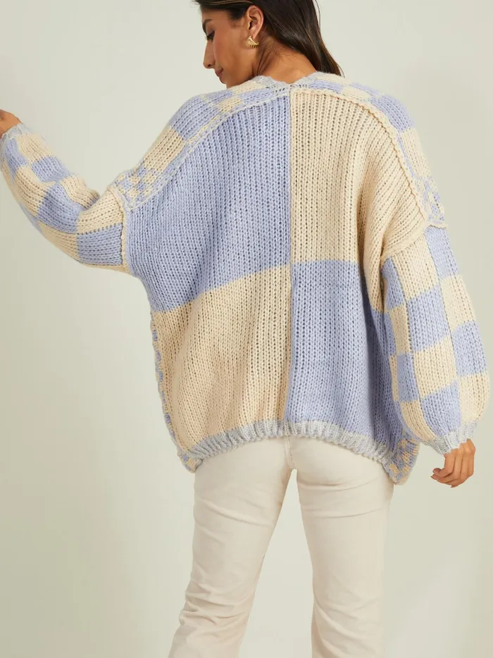 Women Altar039d State Sweaters Lauren Checkered Cardigan Blueivory