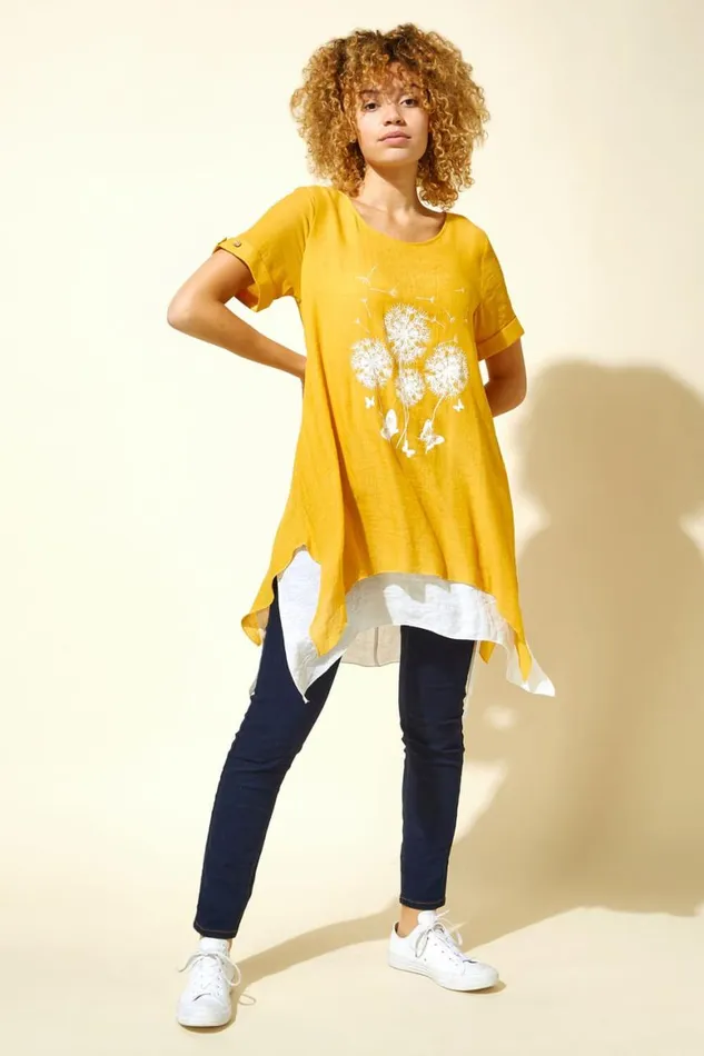 Women Amber Dandelion Floral Hanky Hem Tunic Top Roman Tops
