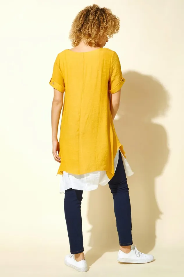 Women Amber Dandelion Floral Hanky Hem Tunic Top Roman Tops