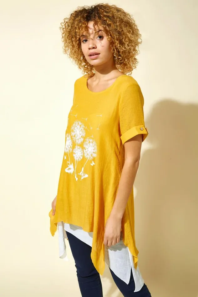 Women Amber Dandelion Floral Hanky Hem Tunic Top Roman Tops
