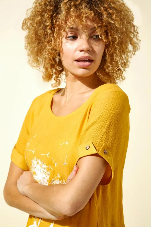 Women Amber Dandelion Floral Hanky Hem Tunic Top Roman Tops