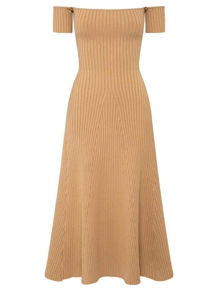 Women Anna Quan 8211 Off The Shoulder Valerie Knit Dress In Tan The UNDONE Dresses