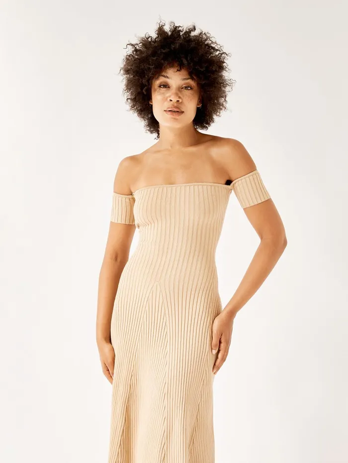 Women Anna Quan 8211 Off The Shoulder Valerie Knit Dress In Tan The UNDONE Dresses