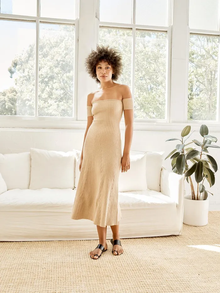 Women Anna Quan 8211 Off The Shoulder Valerie Knit Dress In Tan The UNDONE Dresses