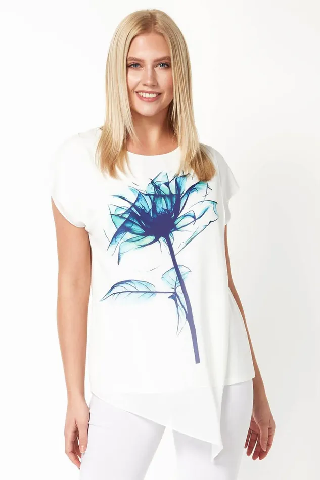 Women Aqua Blue Floral Placement Print Overlay Top Roman Tops