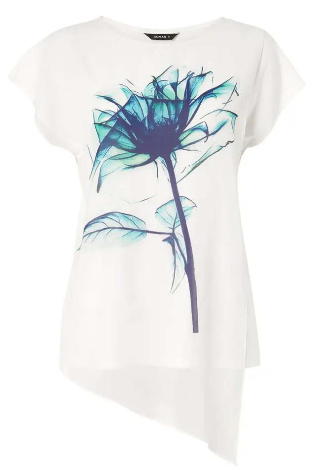 Women Aqua Blue Floral Placement Print Overlay Top Roman Tops
