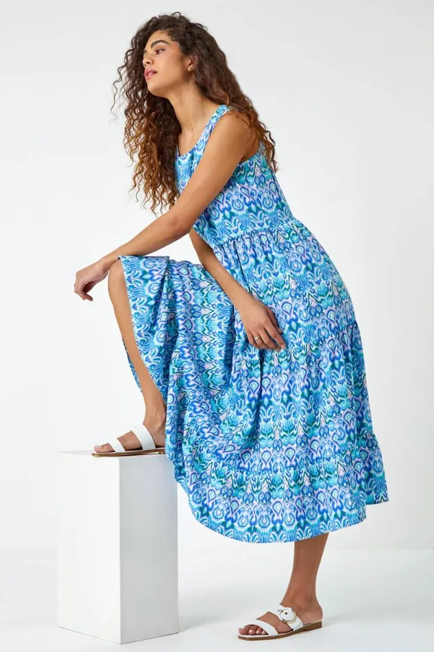 Women Aqua Sleeveless Aztec Print Smock Midi Dress Roman Dresses