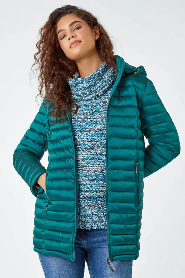 Women Aquamarine Longline Hooded Padded Coat Roman Coats
