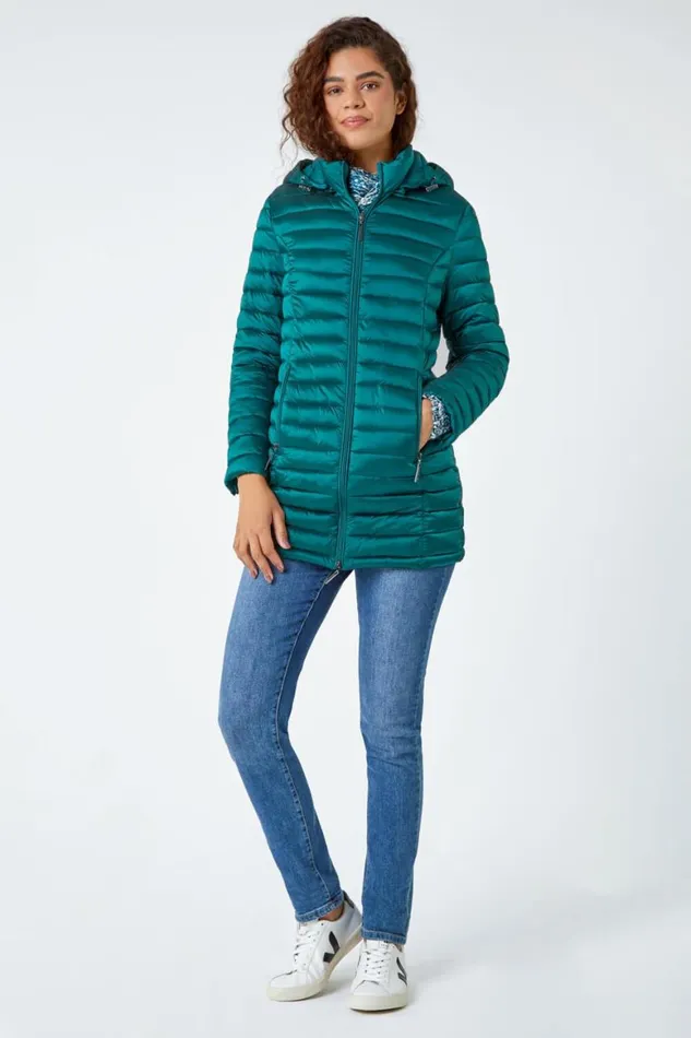 Women Aquamarine Longline Hooded Padded Coat Roman Coats