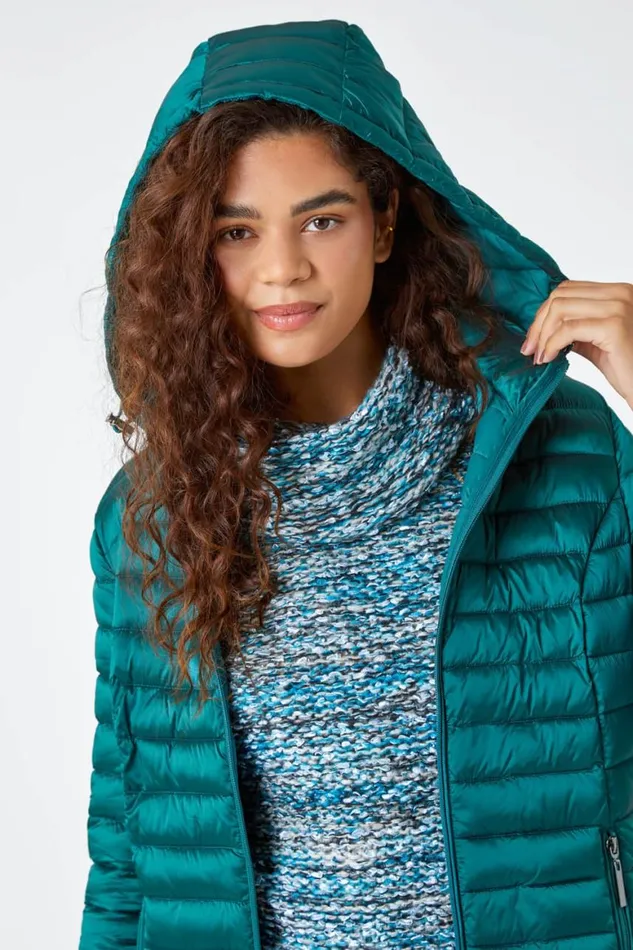 Women Aquamarine Longline Hooded Padded Coat Roman Coats