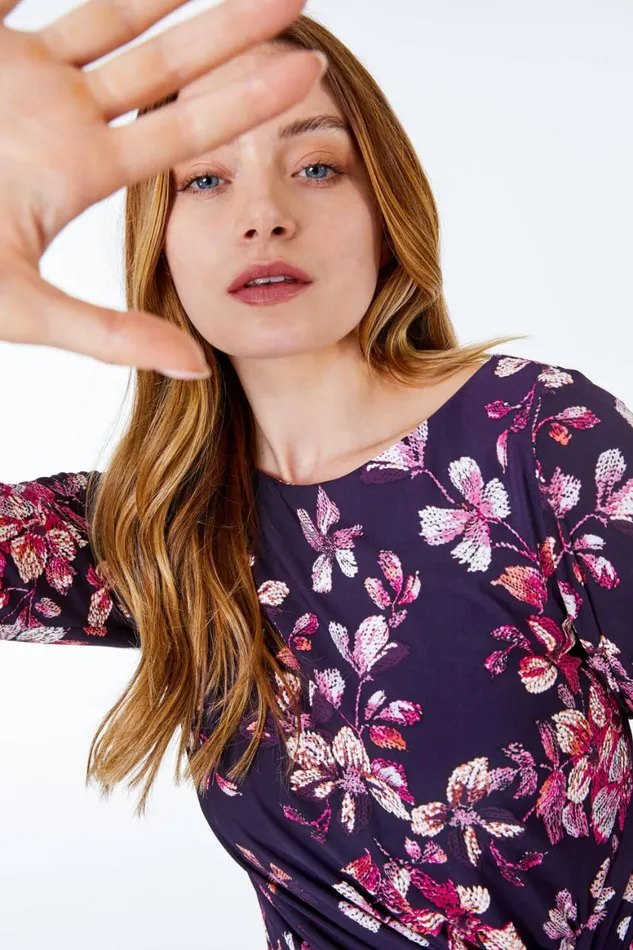 Women Aubergine Textured Floral Ruched Waist Dress Roman Dresses
