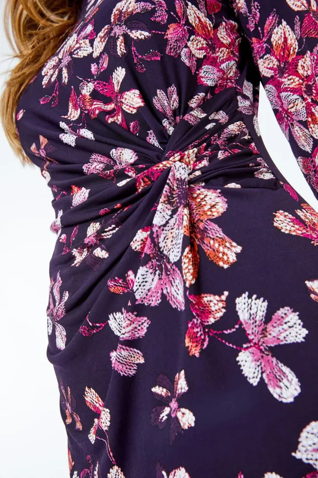 Women Aubergine Textured Floral Ruched Waist Dress Roman Dresses