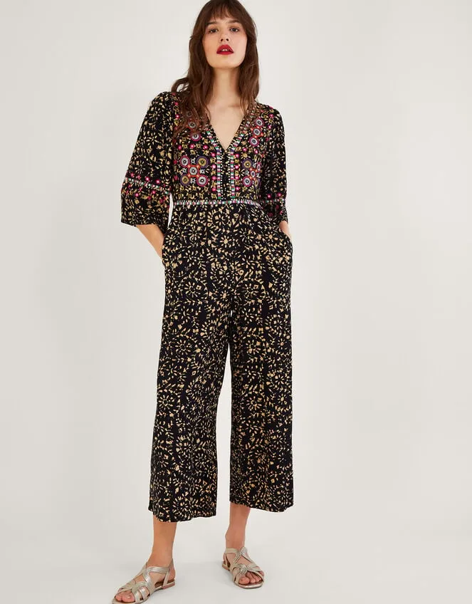 Women Batik Embroidered Jumpsuit In Lenzing Ecovero Black Monsoon Dresses