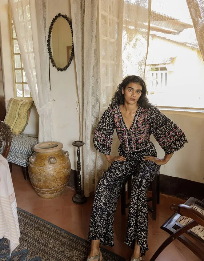 Women Batik Embroidered Jumpsuit In Lenzing Ecovero Black Monsoon Dresses