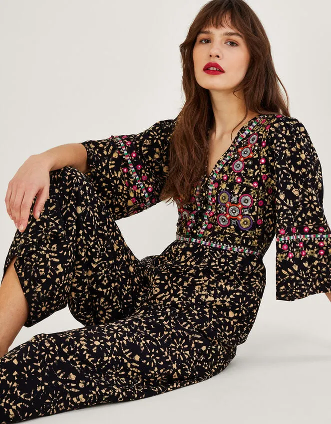 Women Batik Embroidered Jumpsuit In Lenzing Ecovero Black Monsoon Dresses