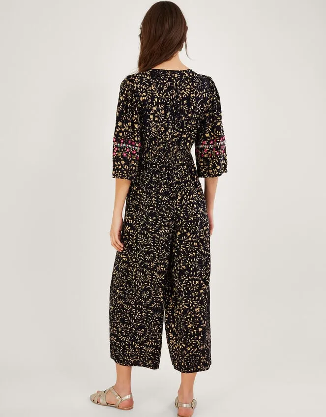 Women Batik Embroidered Jumpsuit In Lenzing Ecovero Black Monsoon Dresses