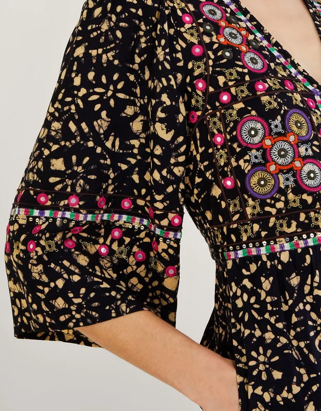 Women Batik Embroidered Jumpsuit In Lenzing Ecovero Black Monsoon Dresses