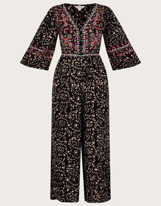 Women Batik Embroidered Jumpsuit In Lenzing Ecovero Black Monsoon Dresses