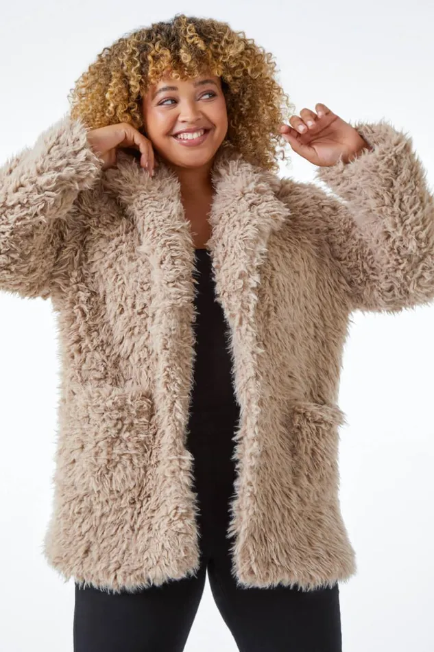 Women Beige Curve Fluffy Textured Coat Roman Coats