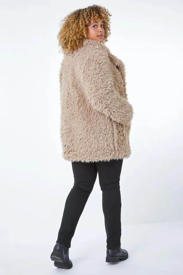 Women Beige Curve Fluffy Textured Coat Roman Coats