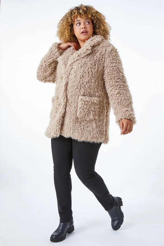 Women Beige Curve Fluffy Textured Coat Roman Coats