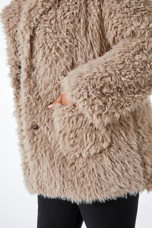 Women Beige Curve Fluffy Textured Coat Roman Coats