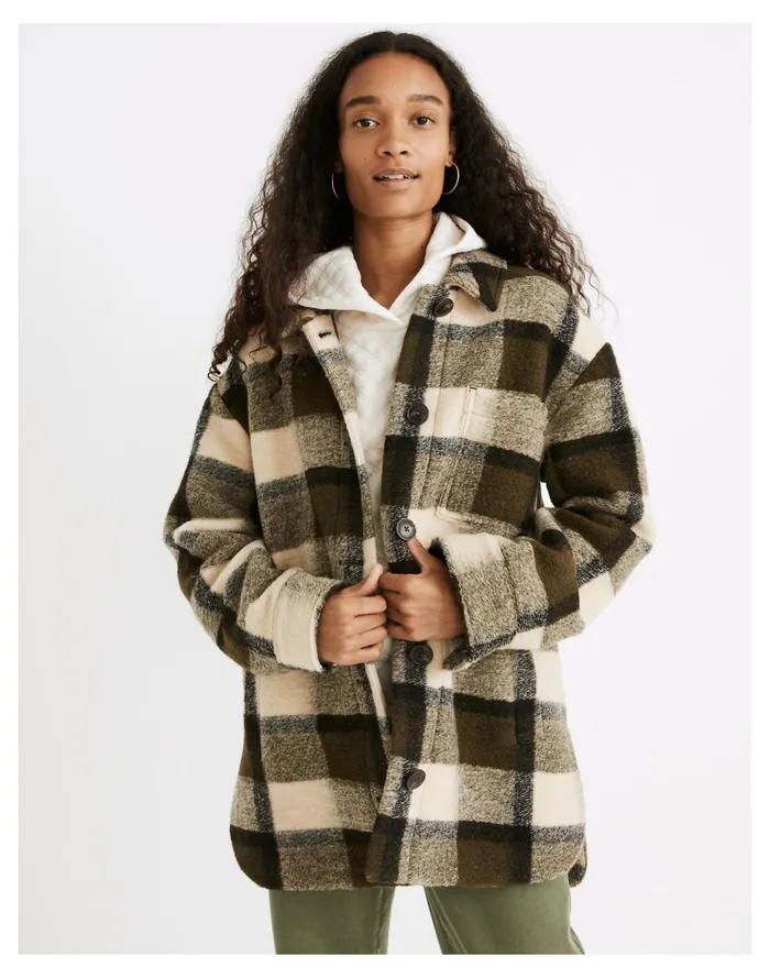 Women Belrose Shirt Jacket In Maran Plaid Plaza Plaid Loden Madewell Jackets