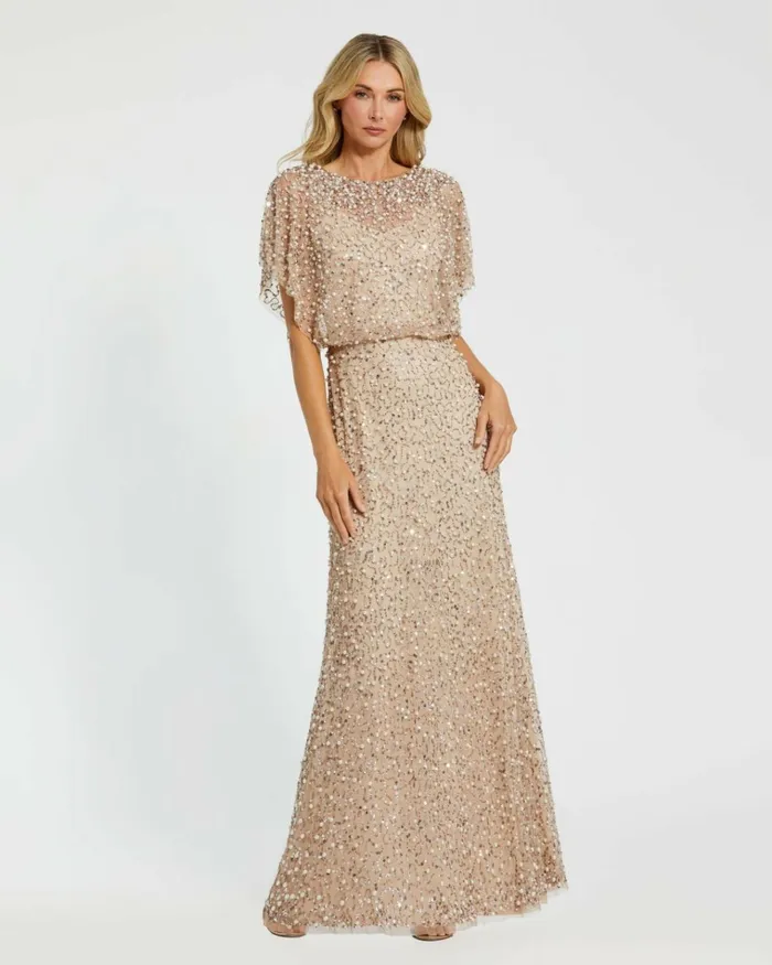 Women Best Sellers Mac Duggal Beaded Mesh Gown With Shawl Nude Gold