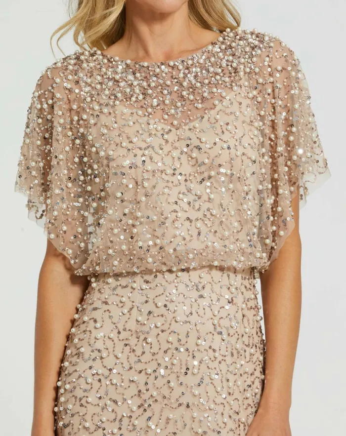 Women Best Sellers Mac Duggal Beaded Mesh Gown With Shawl Nude Gold